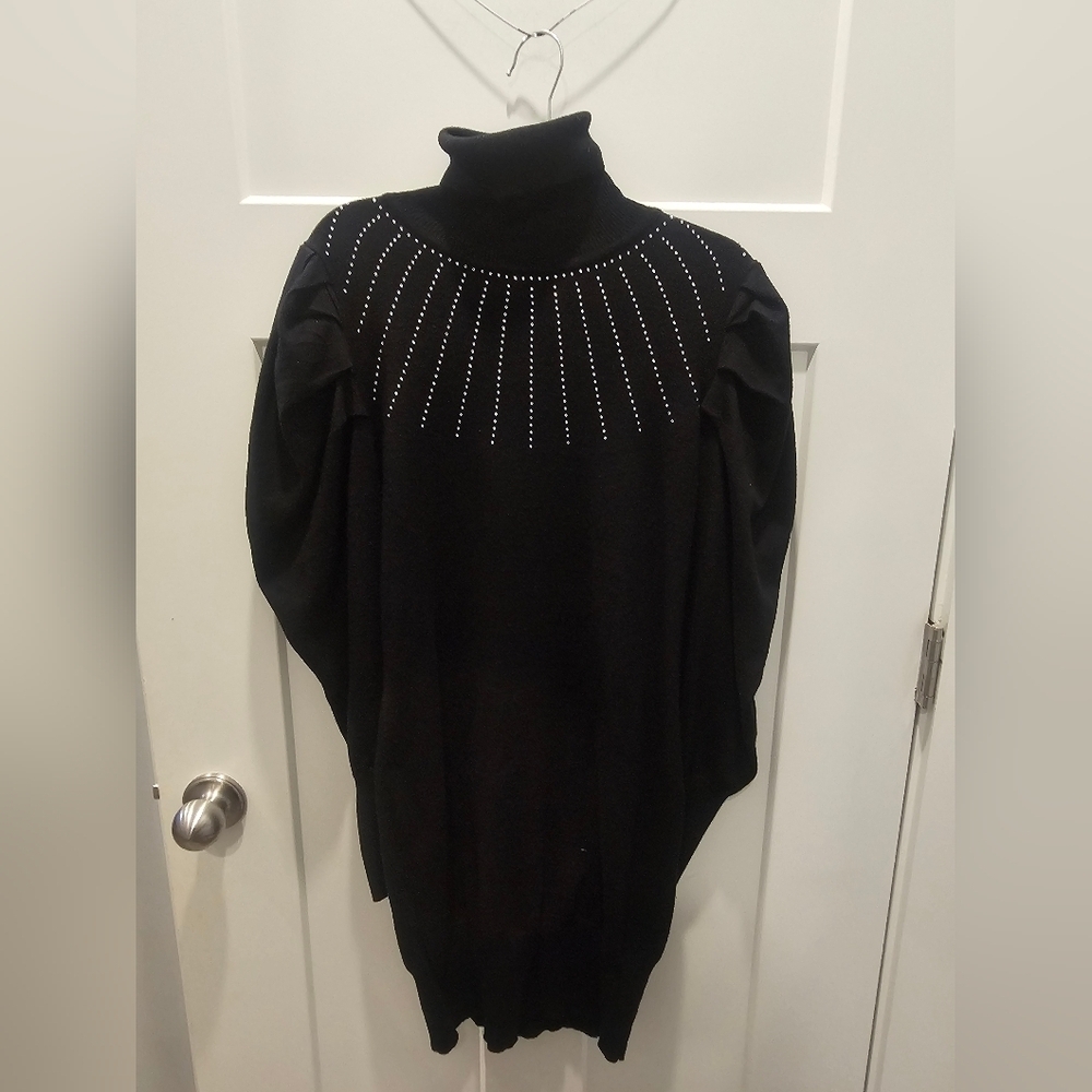 Say What? Women’s Large Black Turtleneck Sweater Puff Sleeve Rhinestone Studded